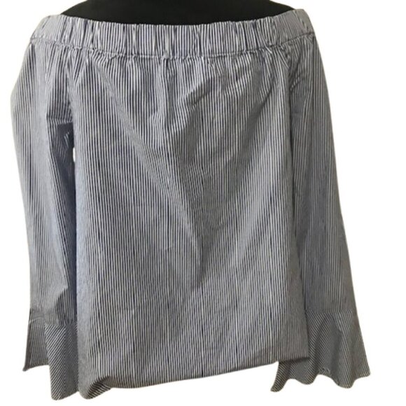 Sanctuary Blue and White Bell Sleeve Off-Shoulder Blouse - Picture 5 of 9